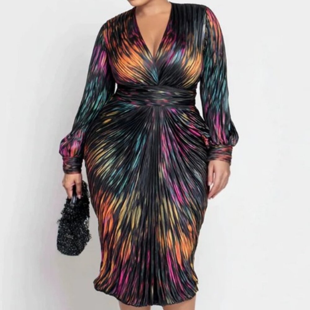 Xpluswear Design Plus Size Business Casual Multicolor All Over Print V Neck Long